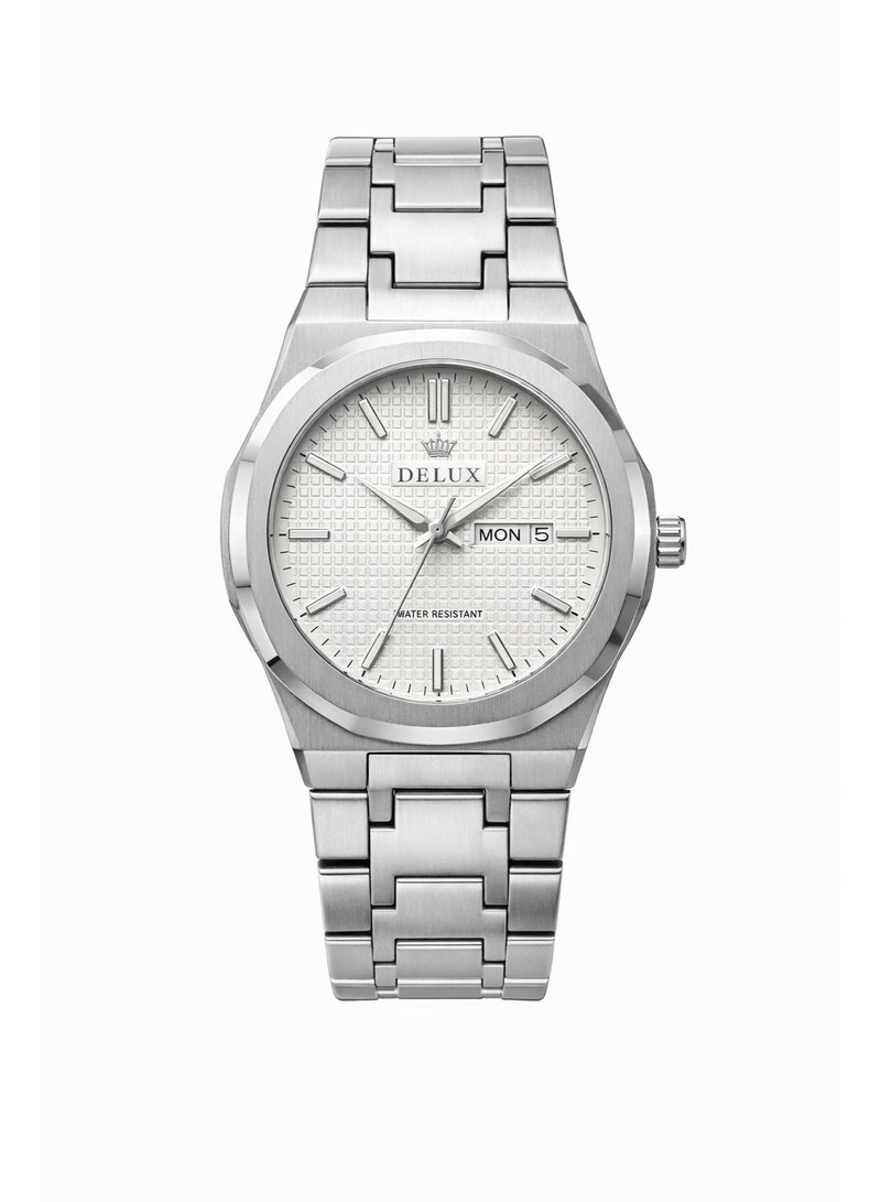 ديلوكس ساعة يد رجالي DELUX أنالوج – سوار ستانلس ستيل فضي مع عرض اليوم والتاريخ